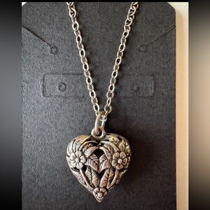 Floral Vines Open Filigree Puffy Heart Pendant with Sterling Chain